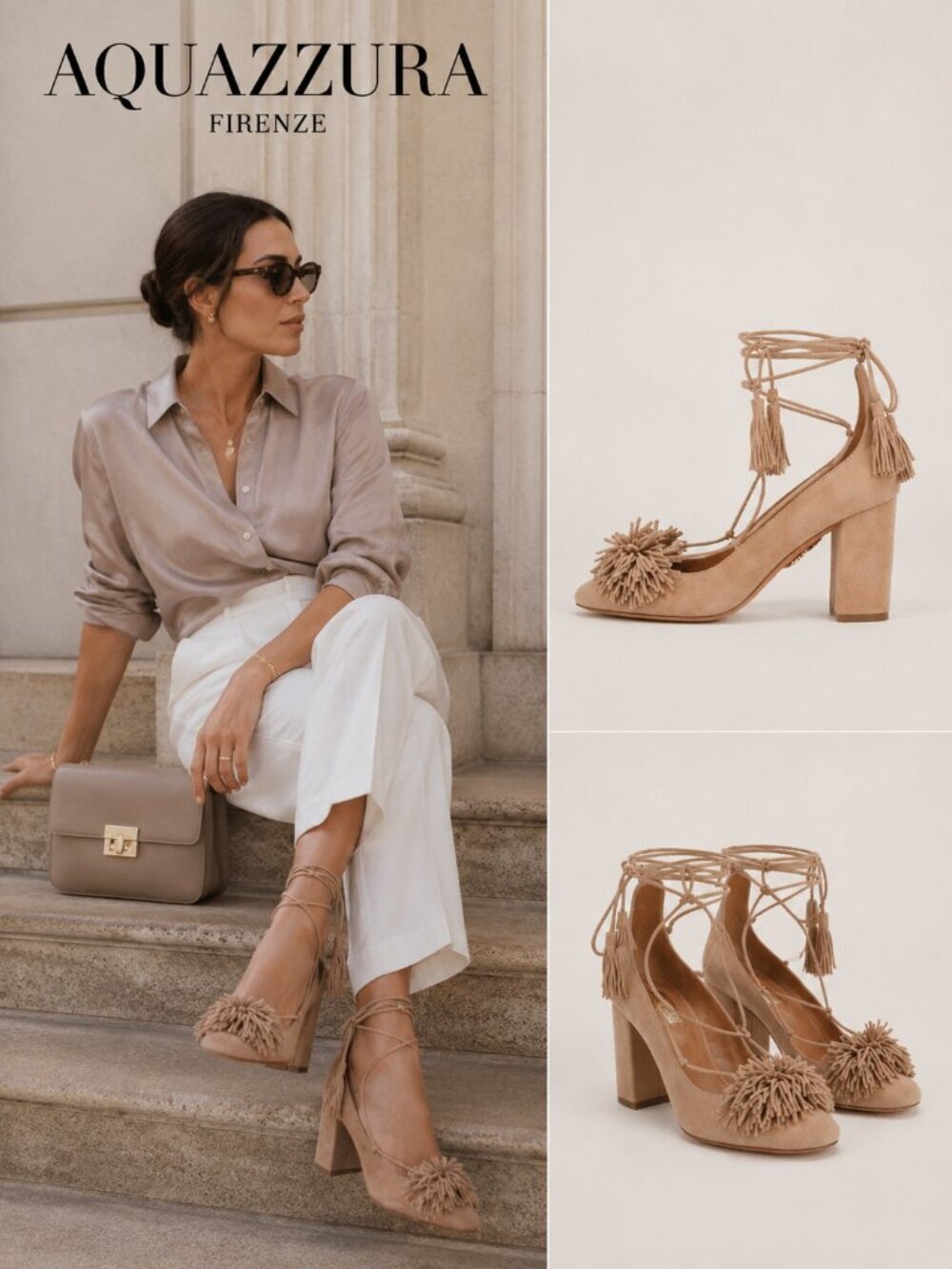 Aquazzura Wild Thing Fringe Suede Lace Up Block Heel Pumps Beige EU 36.5 US 6